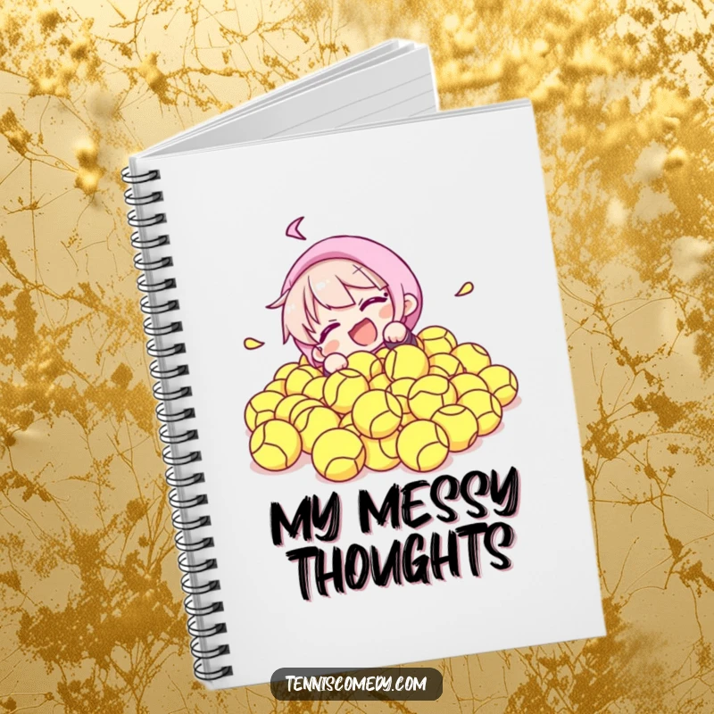 Funny notebook with a character comically tumbling into a pile of tennis balls, perfect for brainstorming and humorous reflections.