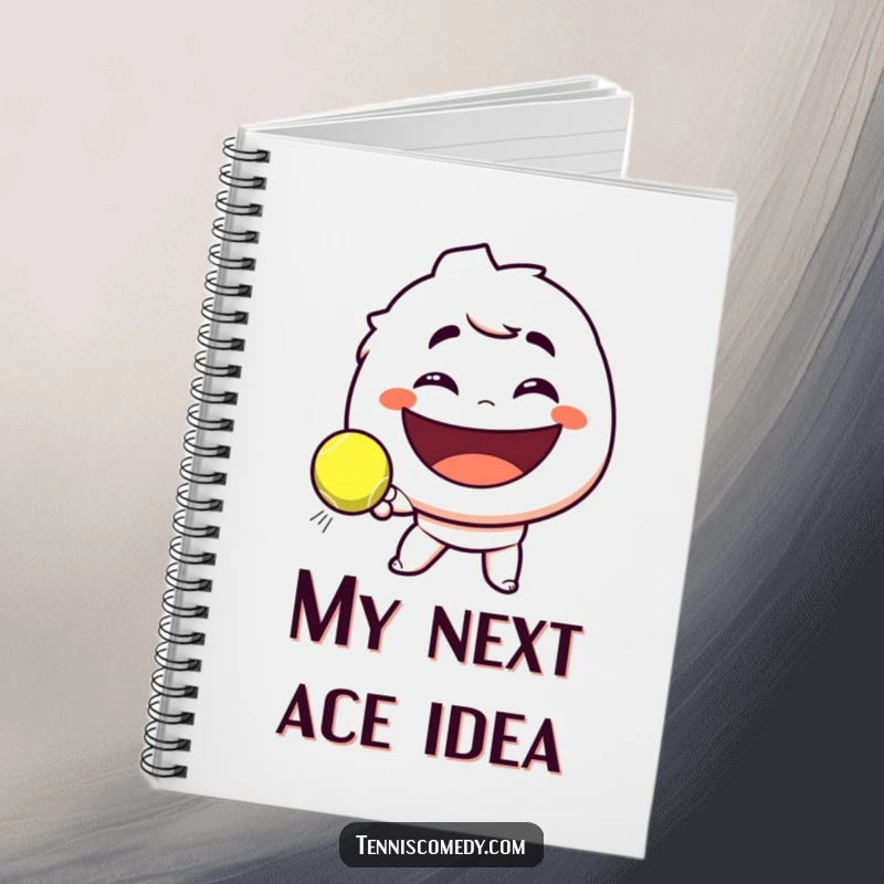 Funny notebook with a character smirking playfully, hitting a tennis ball towards a giant smile, a humorous tool for note-taking.