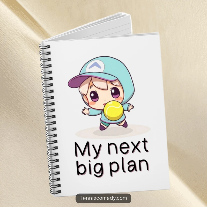 Funny tennis notebook, lined pages, featuring a character trying to catch a tiny, fast tennis ball, ideal for brainstorming.