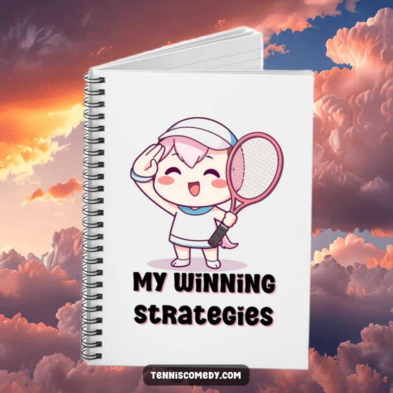 Funny Notebook featuring a Kawaii character beaming, saluting with a tennis racket, perfect for sports enthusiasts' notes.