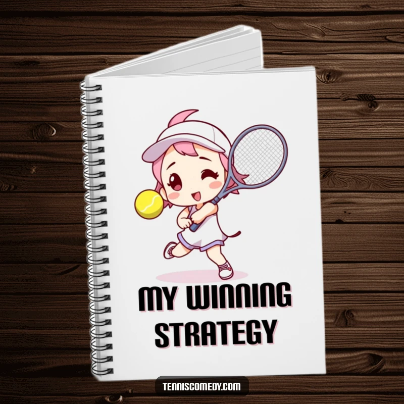 Funny tennis player notebook cover with a character in a dynamic pose, ready to hit a tennis ball, perfect for writing.