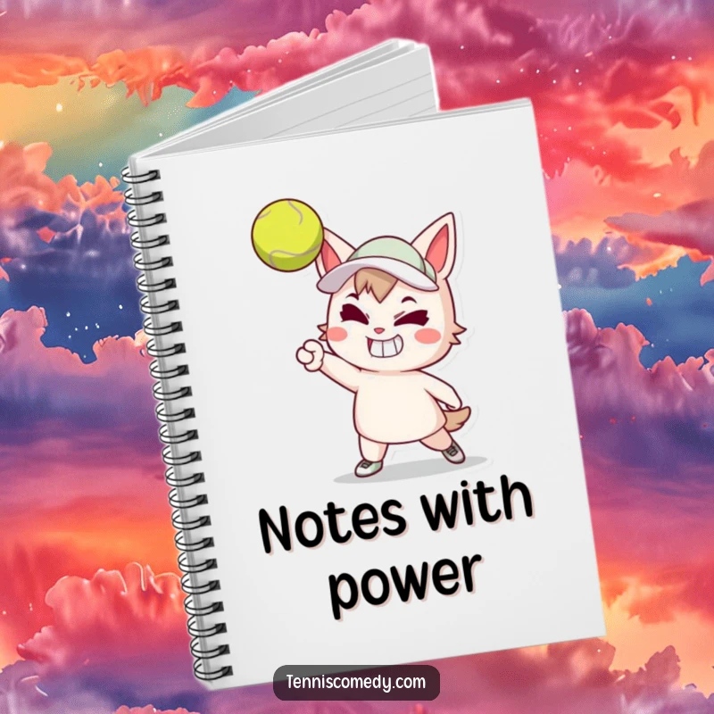 Funny notebook with a cartoon tennis player showing a determined grin while serving a tennis ball. A humorous writing journal.