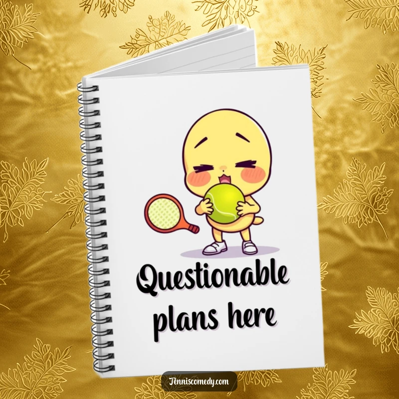 Funny notebook with a character comically failing to serve a tennis ball with a funny face, designed for jotting notes with humorous appeal and as a gift.