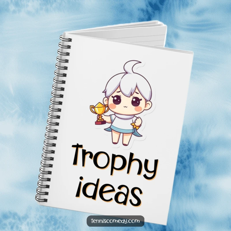 Funny notebook with a cute character holding a tiny trophy with pride. Ideal for humorous journaling.