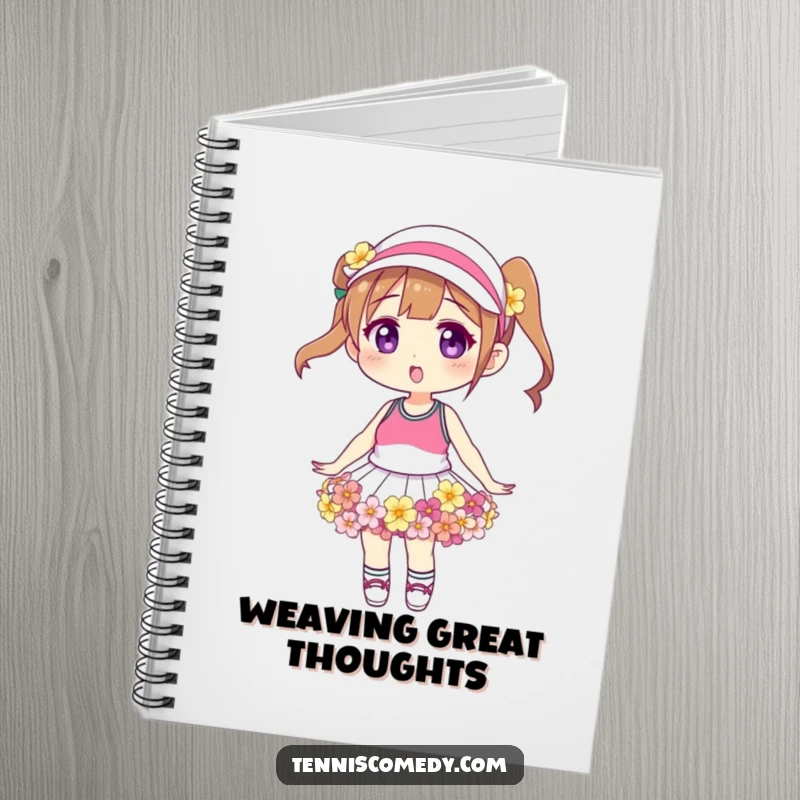 Funny floral tennis skirt notebook, lined pages, featuring a character in a skirt made of various flowers, ideal for journaling.