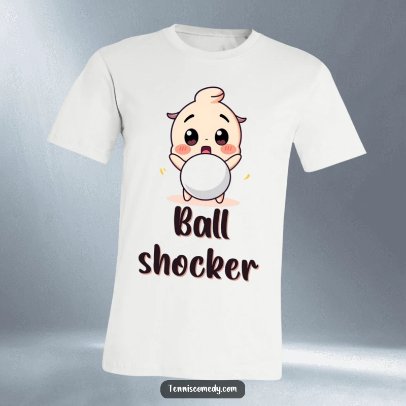 Funny t-shirt with a cute character looking surprised at a bouncing tennis ball. Humorous apparel for tennis enthusiasts.