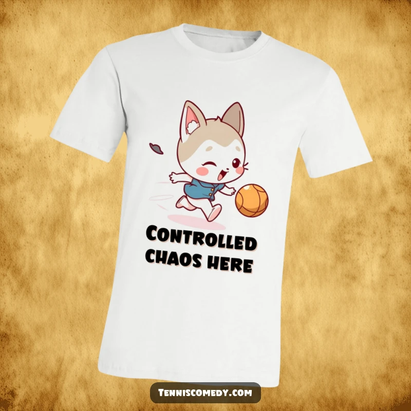 Funny t-shirt with a cute character hilariously tripping mid-air while chasing a fast-moving ball, designed for laughter.