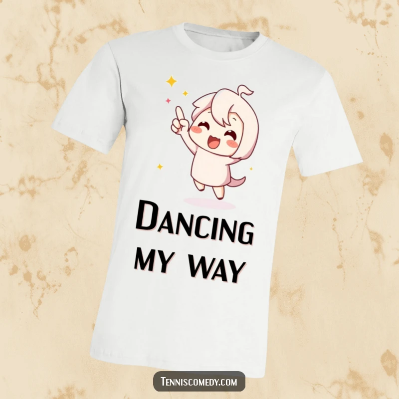 Funny cute character t-shirt, celebrating a point with a wild happy dance, full of ecstatic energy.