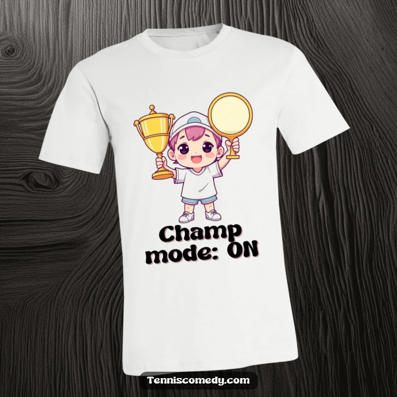 Funny tennis t-shirt featuring a character triumphantly holding a giant tennis trophy, symbolizing victory and achievement.