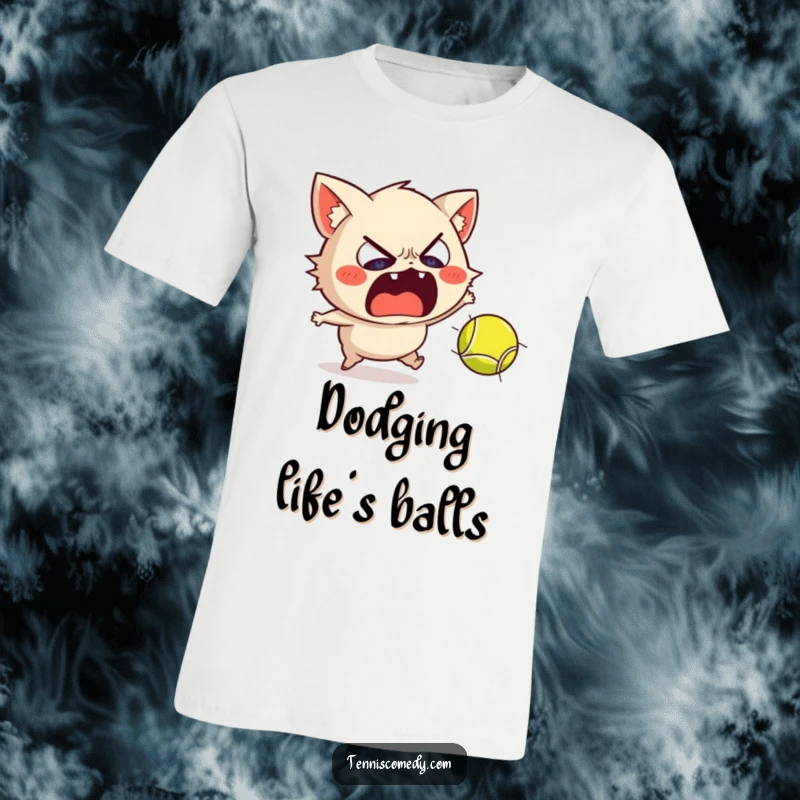 Funny t-shirt depicting a scared Staffordshire recoiling dramatically from a speeding tennis ball, emphasizing hilarious panic.