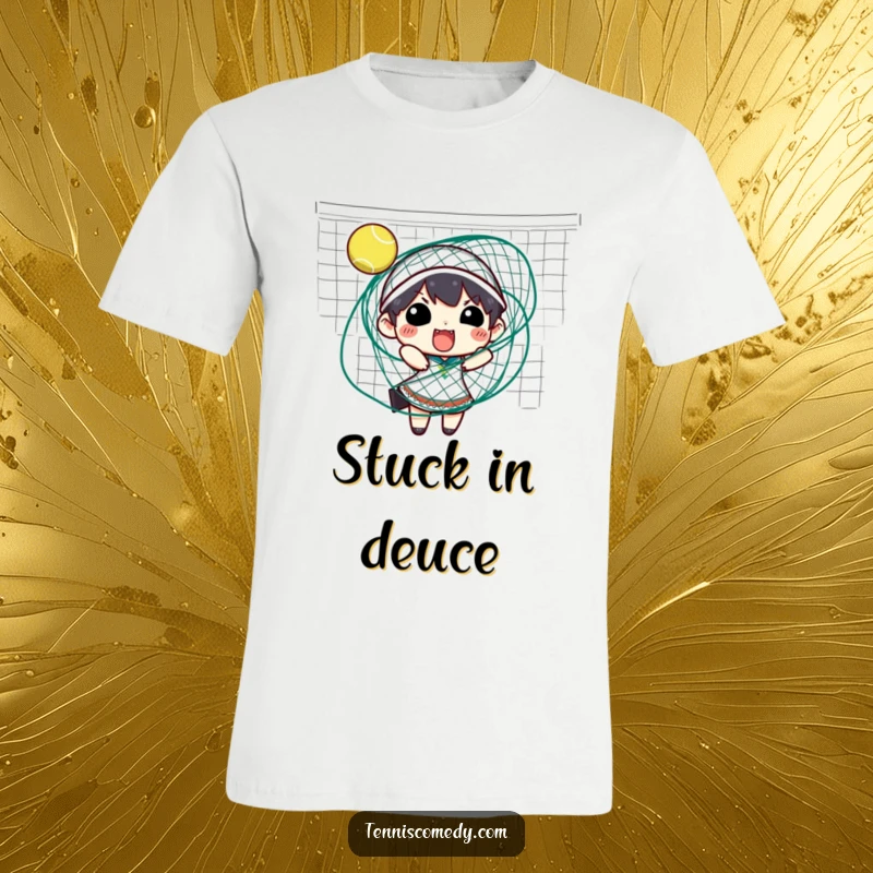 Funny tennis t-shirt featuring a character comically stuck and tangled in a tennis net, perfect for active or casual wear.