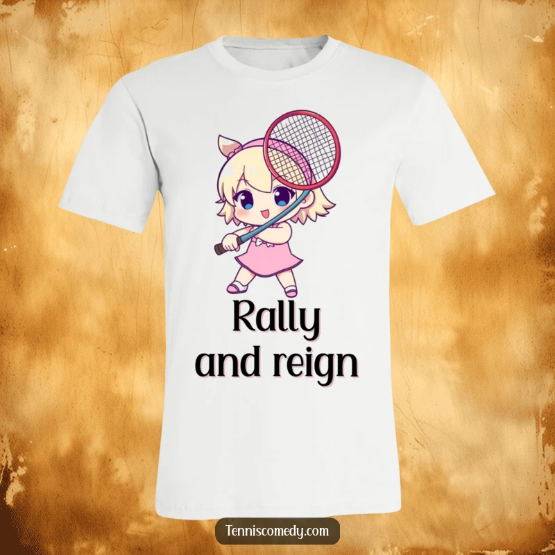 Funny t-shirt with a cute character playfully holding a tennis racket like a sword. Perfect humorous apparel for tennis players.