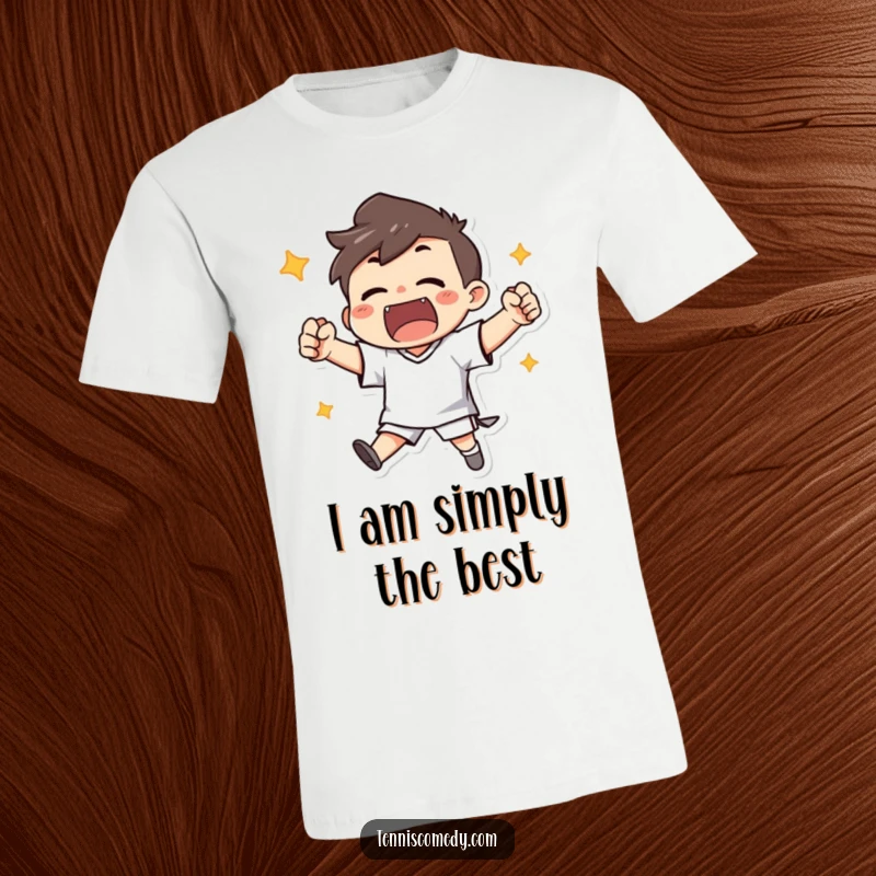 Funny T-shirt with a character enthusiastically cheering with clenched fists after scoring, celebrating a sports win.