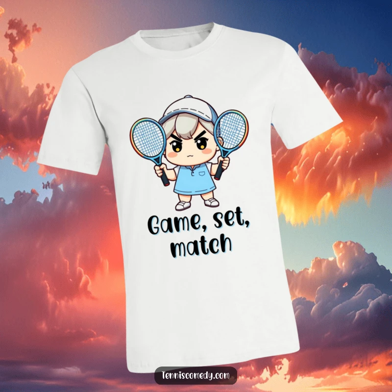 Funny t-shirt featuring a cute, determined kawaii character wielding two tennis rackets with fierce focus.