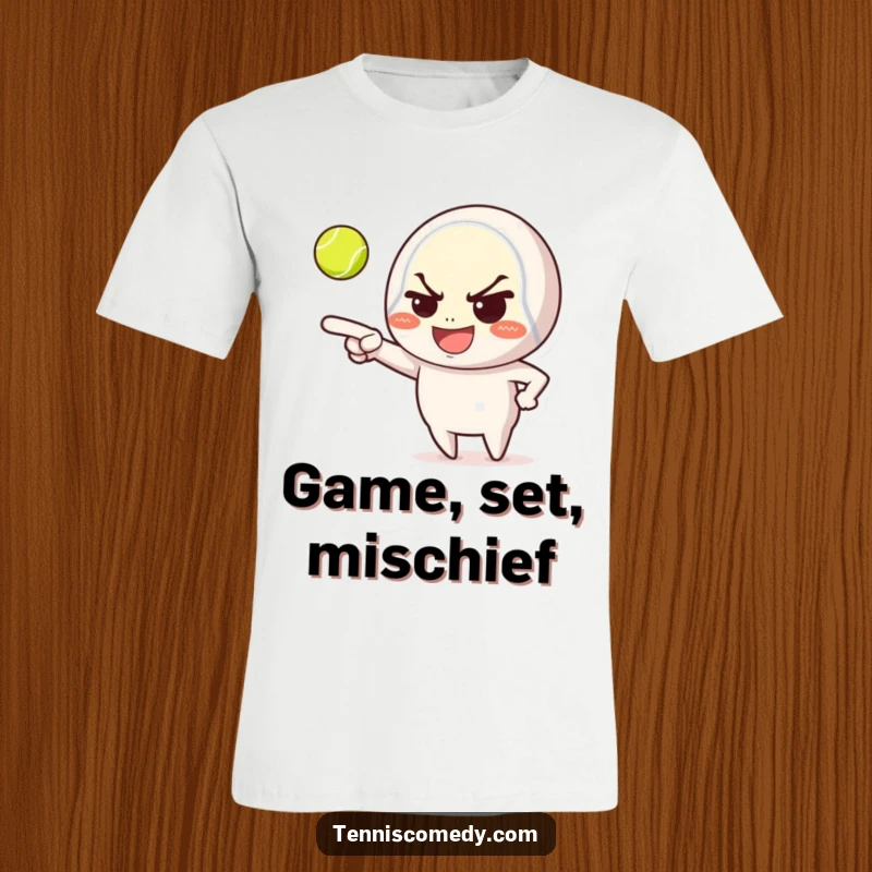 Funny t-shirt, character with mischievous grin pointing at tennis ball, playful and cheeky, great gift for tennis players.