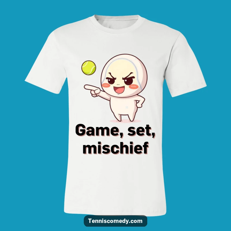 Funny Tennis Trickster T-Shirt: Mischievous Character Grin Tee