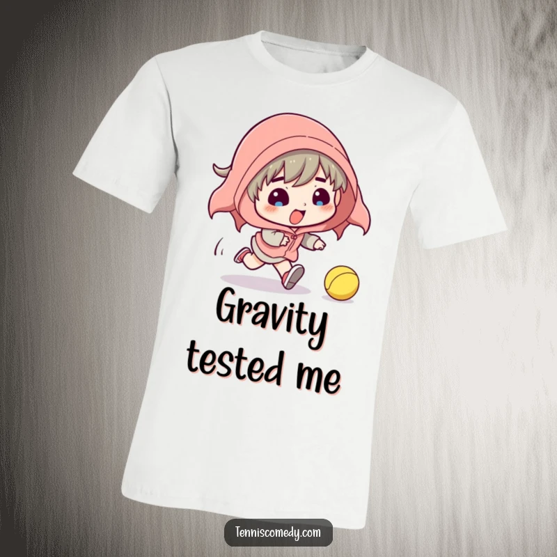 Funny t-shirt featuring a cartoon tennis player hilariously tripping over their feet while chasing a tennis ball. A comedic sports apparel.