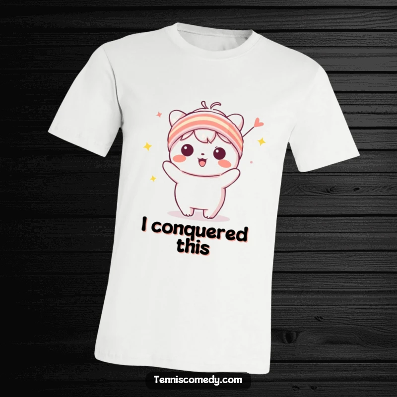 Funny Kawaii character t-shirt with a tiny sweatband, striking a celebratory pose, perfect for showing off a winning attitude.