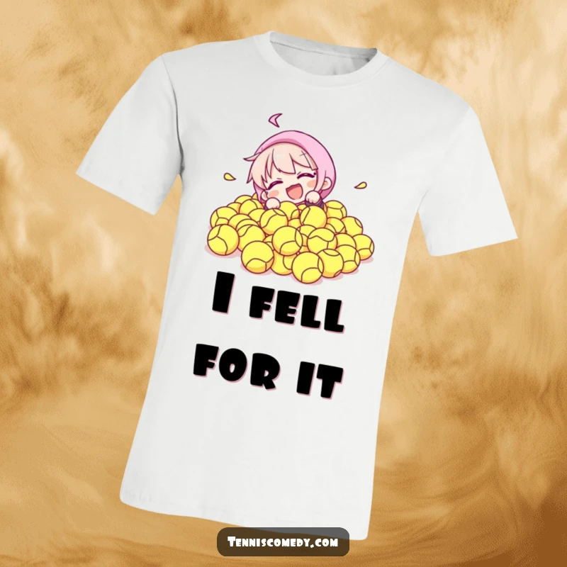Funny t-shirt of a character comically rolling and tumbling into a massive heap of tennis balls, capturing a moment of pure, playful abandon.