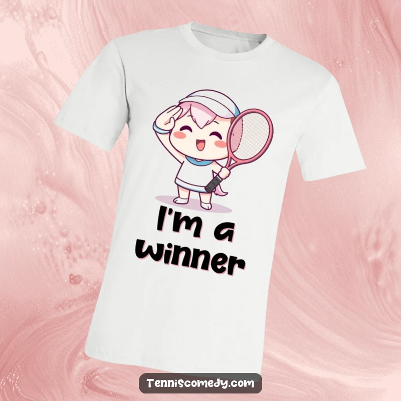 Funny T-Shirt with a Kawaii character beaming, holding a tennis racket and giving a salute, a true sports fan.