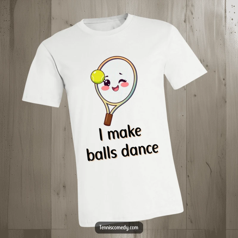 Funny tennis racket t-shirt depicting a happy racket skillfully spinning a tennis ball on its strings, complete with a mischievous wink.
