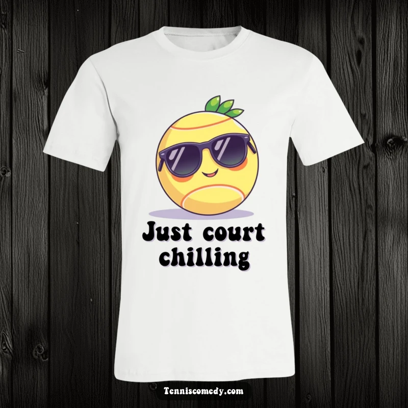 Funny t-shirt graphic of a tennis ball in sunglasses, lounging on a court, ideal for a humorous and stylish gift.