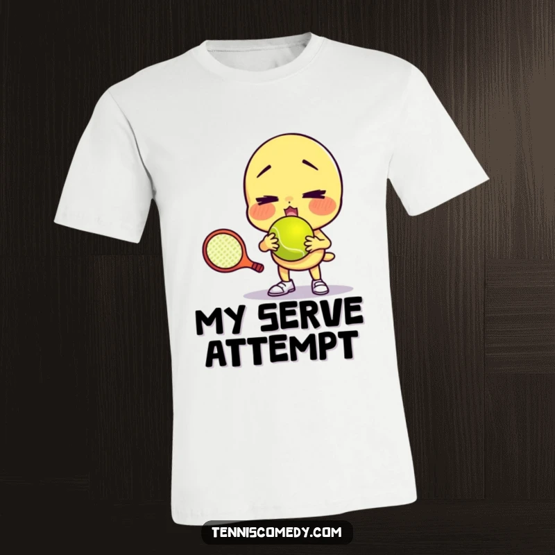 Funny t-shirt graphic of a character comically failing to serve a tennis ball with a funny face, ideal for relatable humor and as a gift.