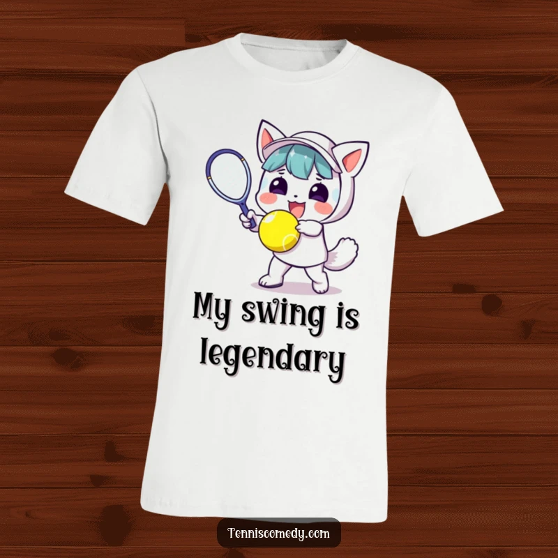 Funny Kawaii Tennis T-Shirt: Adorable character in mid-swing, hitting a tennis ball with infectious enthusiasm and determination, a true sports fan's delight.