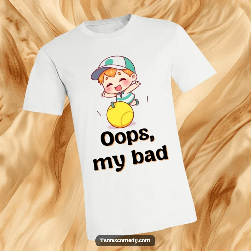 Funny cartoon character t-shirt tripping over a tennis ball while giggling, depicts playful clumsiness, ideal funny gift.