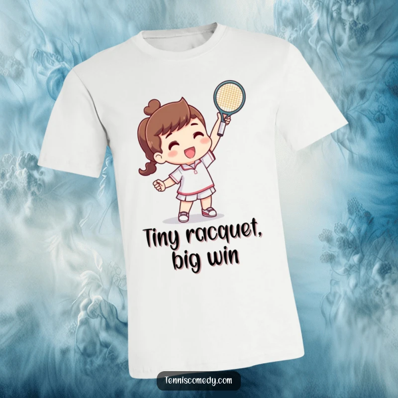 Funny t-shirt of a character triumphantly holding a miniature tennis racquet after a successful point, a humorous celebration of tennis.