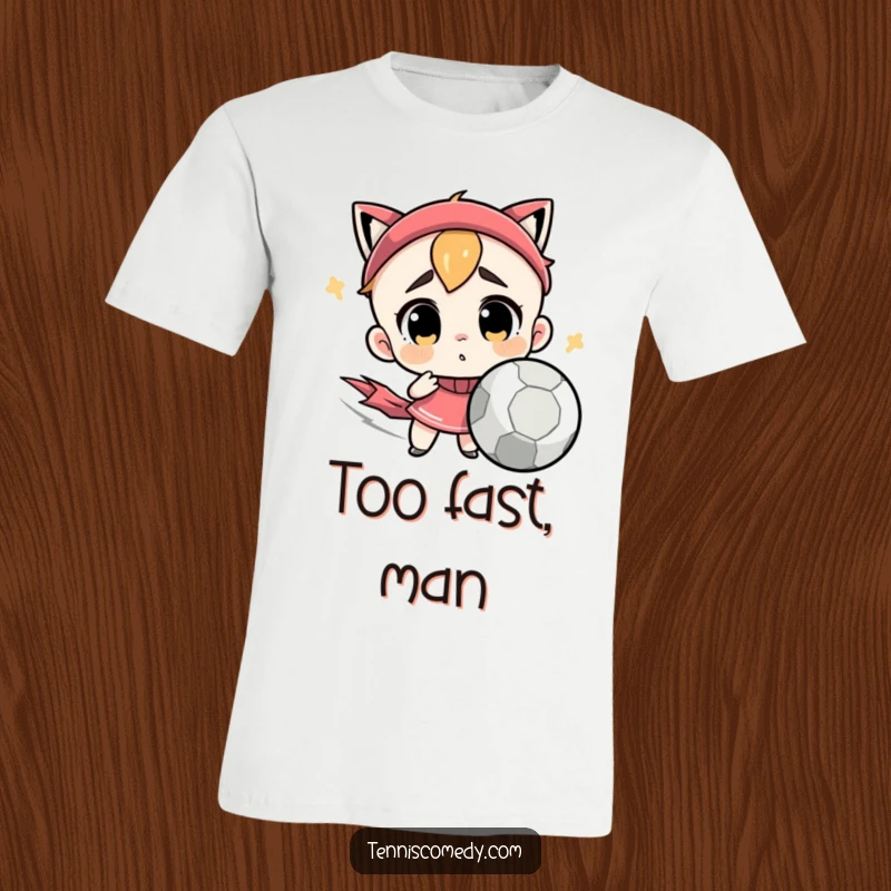 Funny t-shirt with a cute character looking confused by a very fast tennis ball. Humorous apparel for tennis enthusiasts.