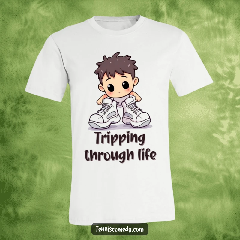 Funny t-shirt featuring a Staffordshire character comically stumbling on a tennis court while wearing oversized shoes. Hilarious sports blooper.