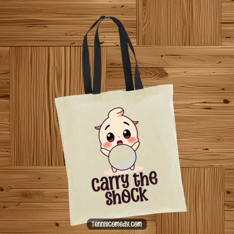 Funny tote bag with a cute character looking surprised at a bouncing tennis ball. Humorous and practical tennis accessory.