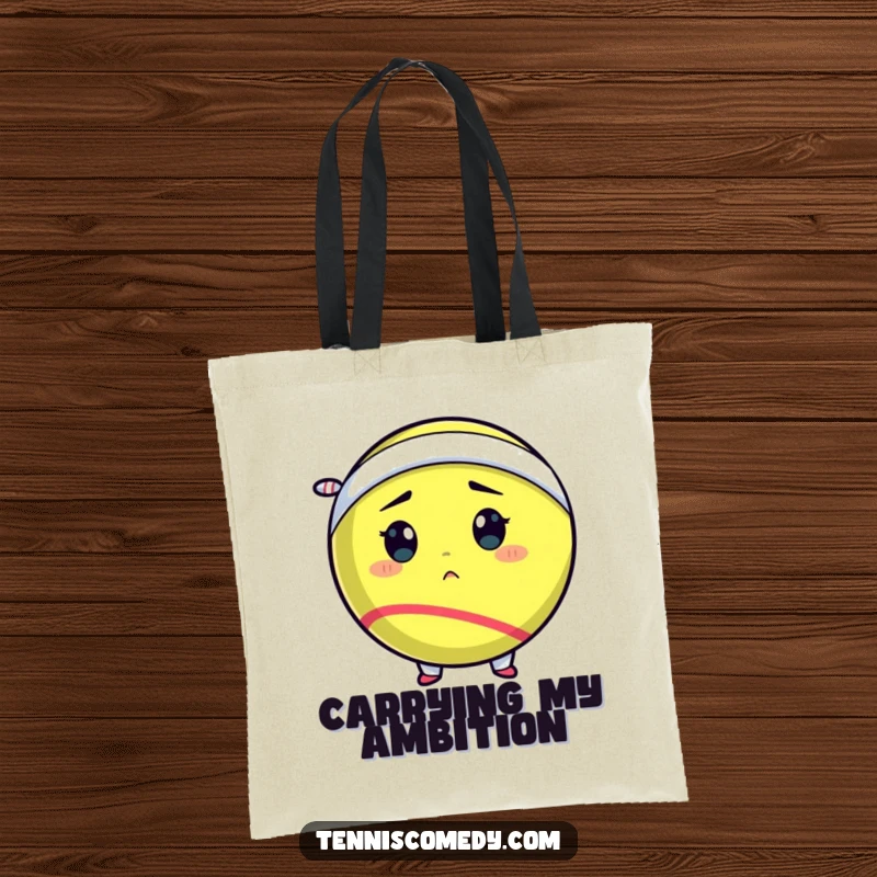 Funny tennis ball tote bag showcasing a determined tennis ball comically wearing a tiny sweatband, a functional and humorous accessory.
