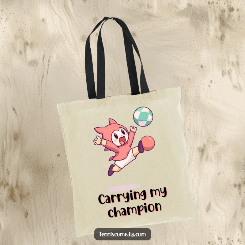 Funny tote bag graphic: a character mid-leap, striking a bouncing ball. Ideal for carrying items with energetic humor.