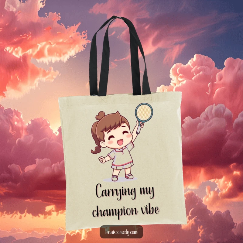 Funny tote bag of a character triumphantly holding a tiny tennis racquet after a winning point, a humorous and practical accessory.