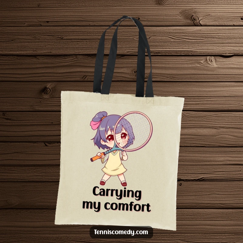 Funny tennis racket fan tote bag, durable canvas, shows a character using a tennis racket as a giant fan, practical and humorous.