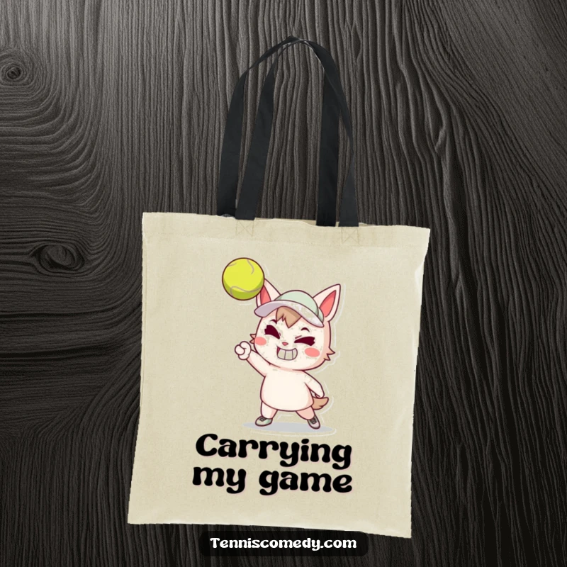 Funny tote bag depicting a cartoon tennis player with a determined grin launching a powerful tennis serve. Practical and spirited accessory.