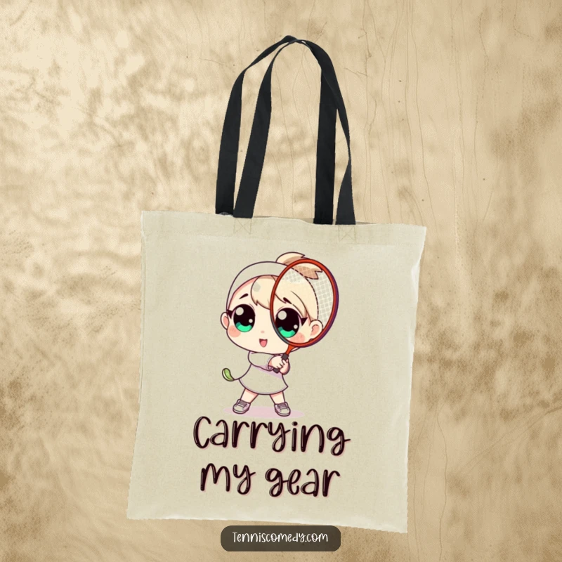 Funny tote bag graphic: a character with large, expressive eyes swinging a tennis racket. Ideal for carrying sports gear humorously.