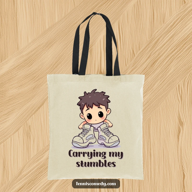 Funny tote bag design featuring a Staffordshire character comically stumbling on a tennis court in oversized shoes. Hilarious sports accessory.