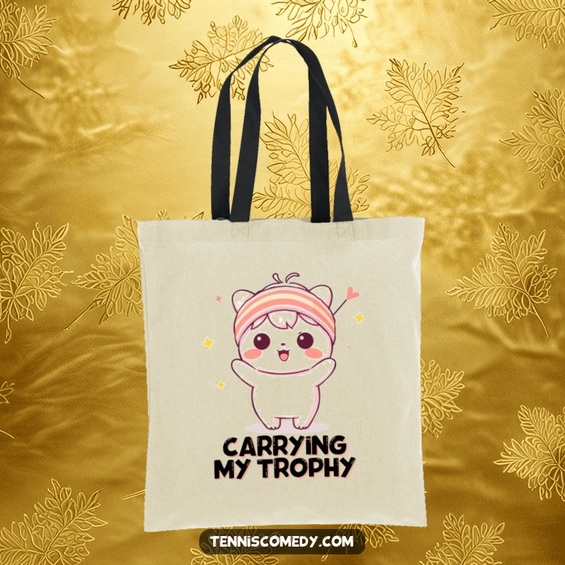 Funny Kawaii character tote bag with a tiny sweatband, in a celebratory pose, ideal for carrying daily items with joy.