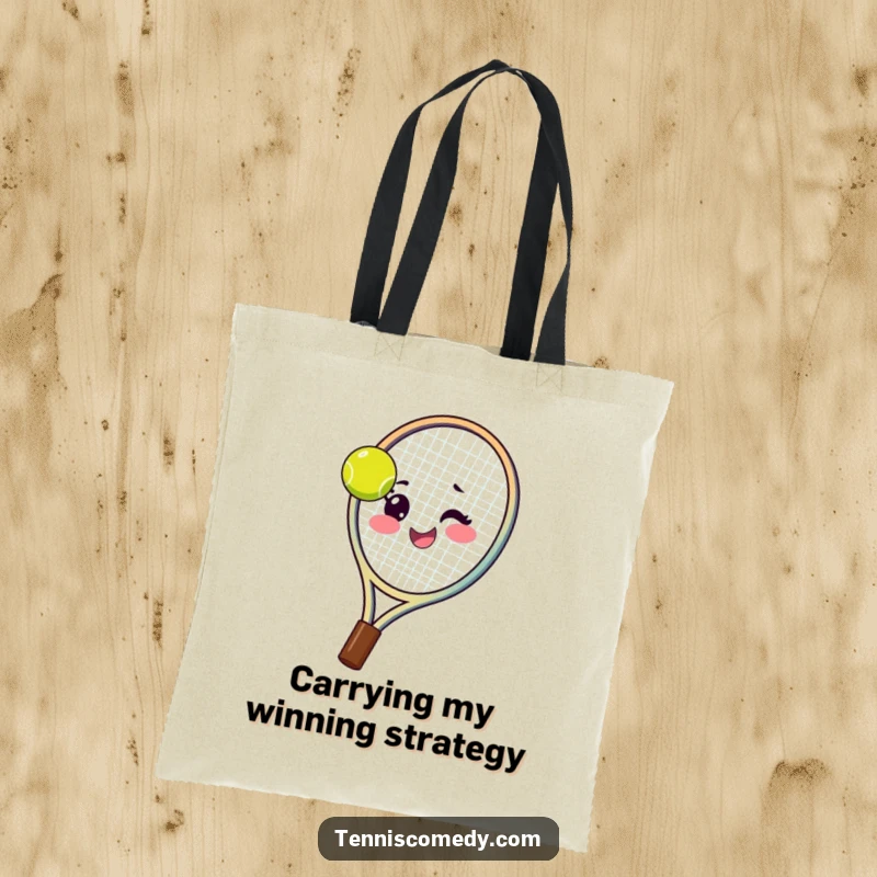 Funny tennis racket tote bag showcasing a happy racket spinning a tennis ball on its strings with a wink, a stylish sports accessory.