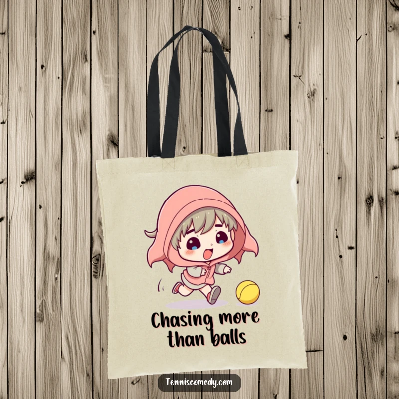 Funny tote bag showing a cartoon tennis player tripping spectacularly while chasing a rogue tennis ball. A humorous and practical accessory.