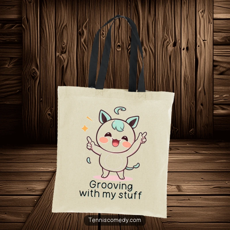 Funny Kawaii character tote bag showcasing a character comically celebrating a point with a silly dance, perfect for everyday use.