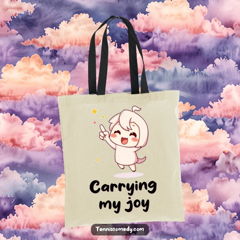 Funny cute character tote bag, performing a happy dance to celebrate scoring a point, radiating pure excitement.