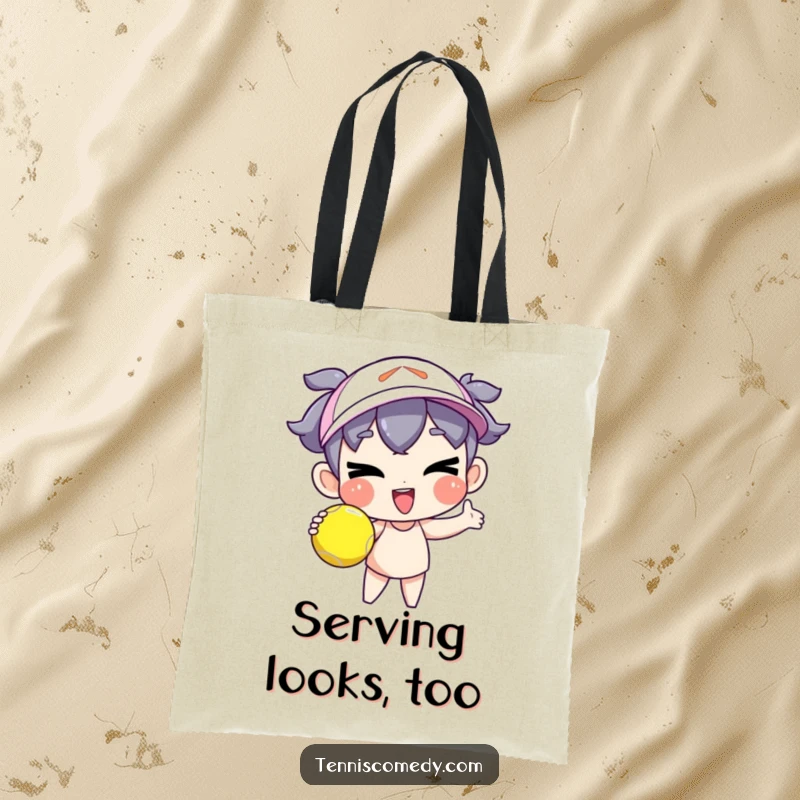 Funny cartoon character tote bag serving a tennis ball with a goofy wink, stylish sports accessory, practical funny gift.