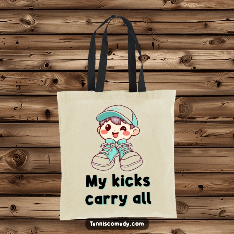 Funny Kawaii character tote bag featuring oversized tennis shoes and a wide, happy grin, ideal for carrying essentials in style.