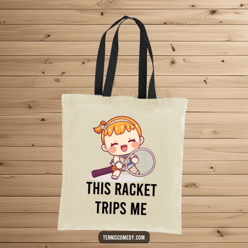 Funny Kawaii Tennis Trip Tote Bag: A funny kawaii character hilariously tripping over a tennis racket, perfect for carrying essentials with humor.