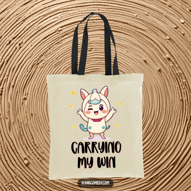 Funny tote bag featuring a jubilant kawaii character in the middle of a quirky, energetic victory dance move.