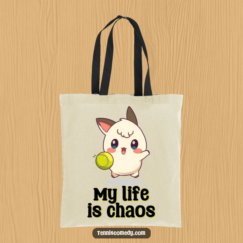 Funny tennis dodge tote bag showing a character with a surprised face, trying to dodge a tennis ball, perfect for carrying items.